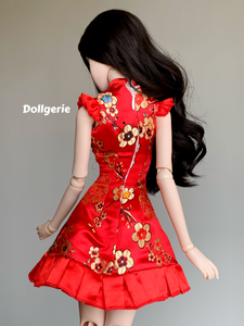 Red Oriental Neck Embroidery Skater Dress