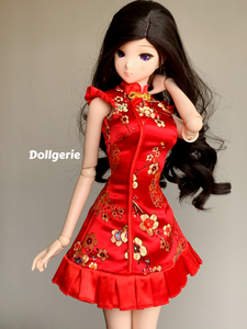 Red Oriental Neck Embroidery Skater Dress